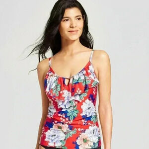 CLEANWATER Red Floral Ruffle Keyhole Tankini Swim Top - SZ Womens Medium - NWT